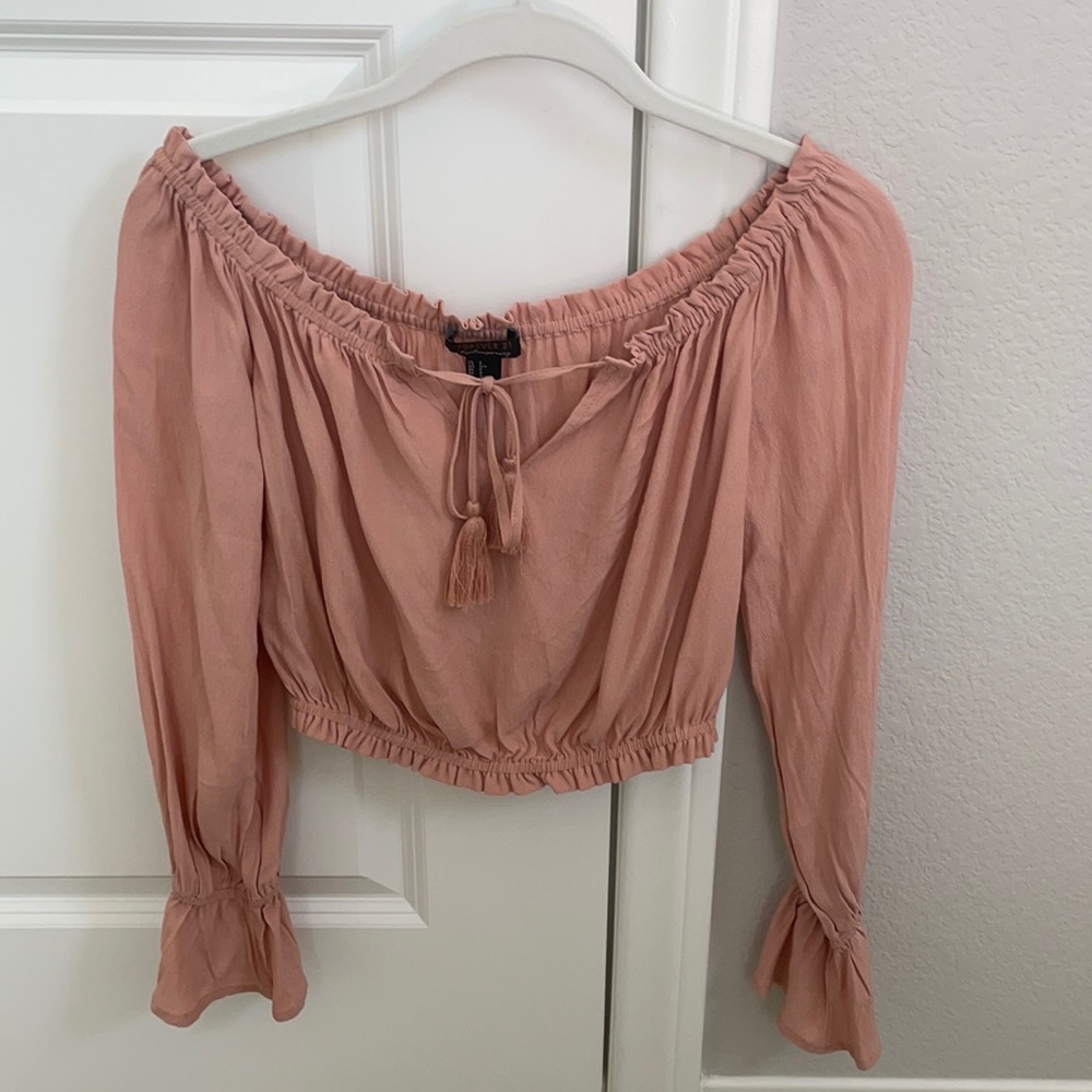 Forever 21 pink off the shoulder long sleeve crop